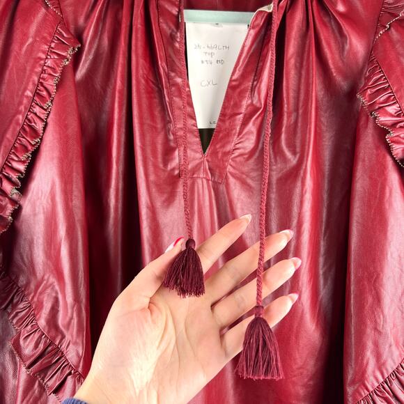 NEW Olivaceous Red Faux Leather Ruffle Top S Fringe Tassles 80s 90s - Picture 7 of 10